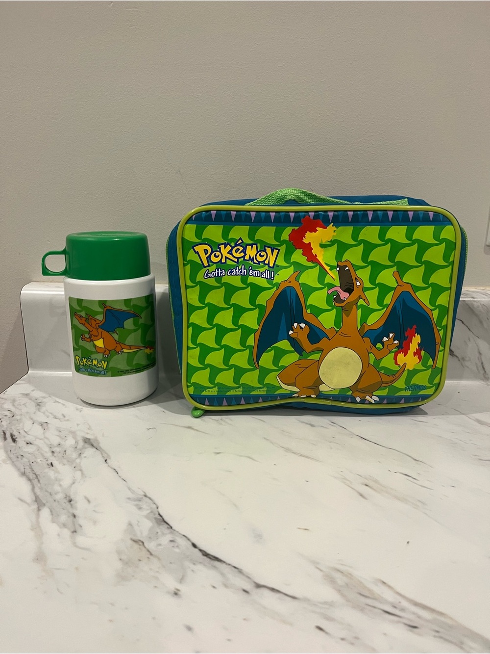 Vintage 1999 Pokémon Charizard Lunchbox and Thermos Set - Green Charizard Design